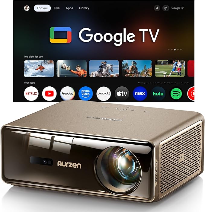 Aurzen EAZZE D1 MAX Upgraded Google TV Smart Projector 4K Supported, Ultra-Bright 1000 ANSI Lumens, MEMC Tech, Fully Automatics, 20W DoIby Audio, Home Theater Movie Projector with WiFi and Bluetooth