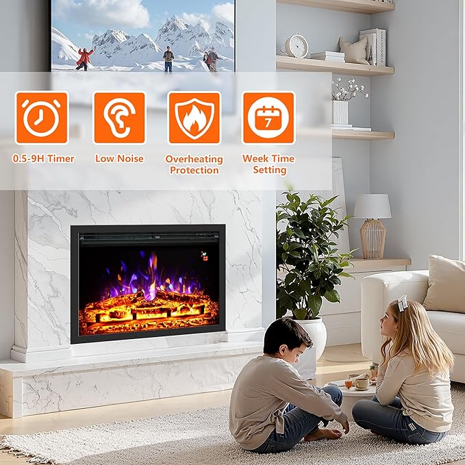 24.5" Electric Fireplace Inserts, Adjustable Brightness, Thermostat&Timer, Overheating Protection, 750/1500W