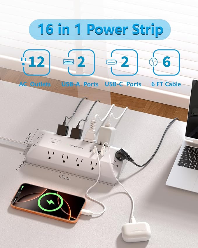Inhwatek Surge Protector Power Strip with USB Ports (PD 20W), 6 Ft Extension Cord with Multiple Outlets, Flat Plug Outlet Extender for Home, Office, Dorm Room