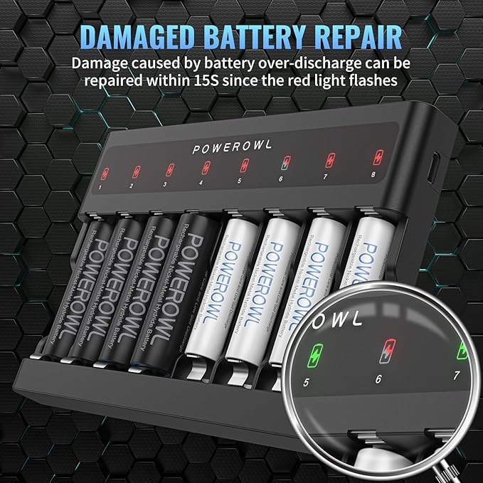 POWEROWL AA AAA Battery Charger 8 Bay, Independent Slot, USB Fast Charging for Ni-MH Ni-CD Rechargeable Batteries
