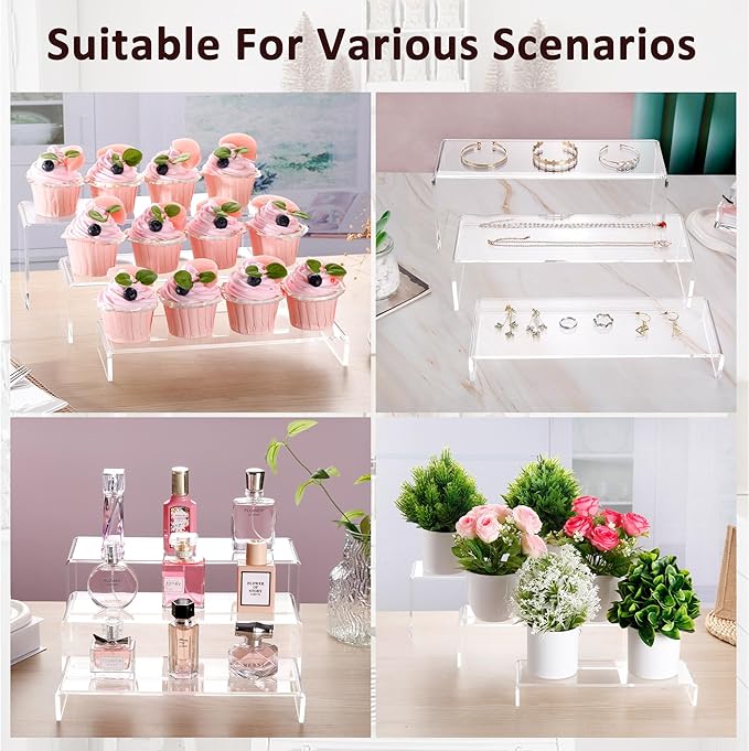 LFTYTUO 1 Set Large Acrylic Clear Display Risers, 3 Sizes 12" Rectangular Showcase Collectibles Display Shelf, 5 mm Thick Desktop Display Stand Holder for Figures, Jewelry, Perfume, Toys