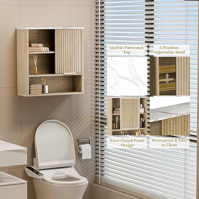 Bathroom Wall Cabinet, Fluted Medicine Cabinet with Adjustable Shelves, Wood Over The Toilet Storage Cabinet for Kitchen, Living Room, Laundry Room, Oak