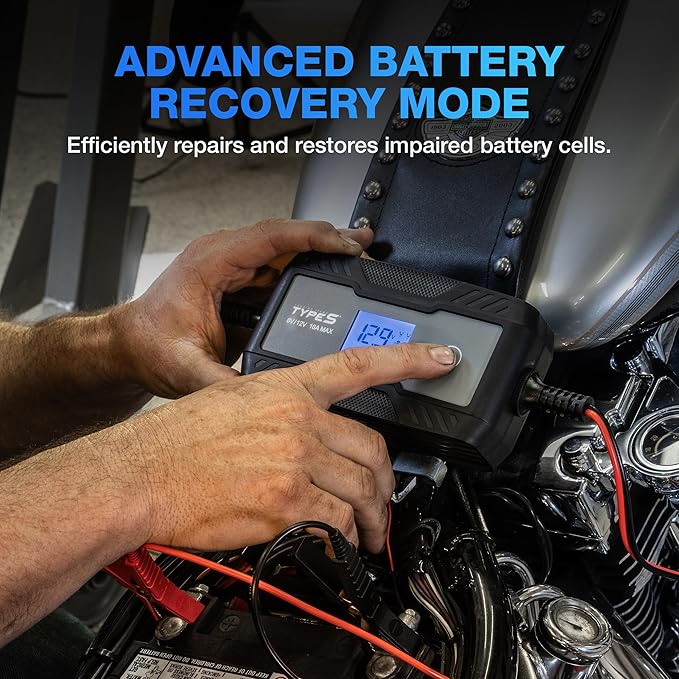 Type S 10A Smart Battery Charger & Maintainer, 6V & 12V Fully Automatic Trickle Charger, Jump Start Assist Battery Recovery Mode Auto-Voltage Detection Safe Charging for Cars Motorcycles ATVs Boats