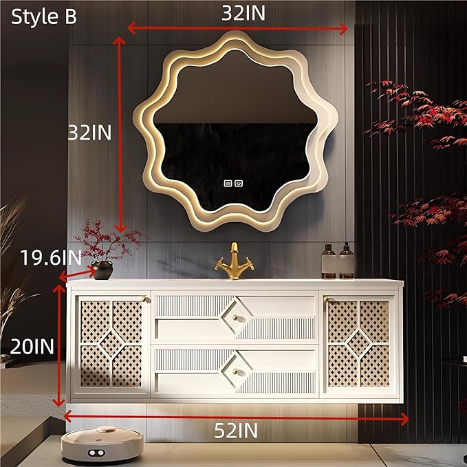 52IN Luxury Floating Bathroom Vanity - Single Sink Bathroom Vanities has Smart Defog Mirror & Slate Countertop | Woven Rattan Perforated Door Panel, LED Lights, 2 Drawers (Style B)