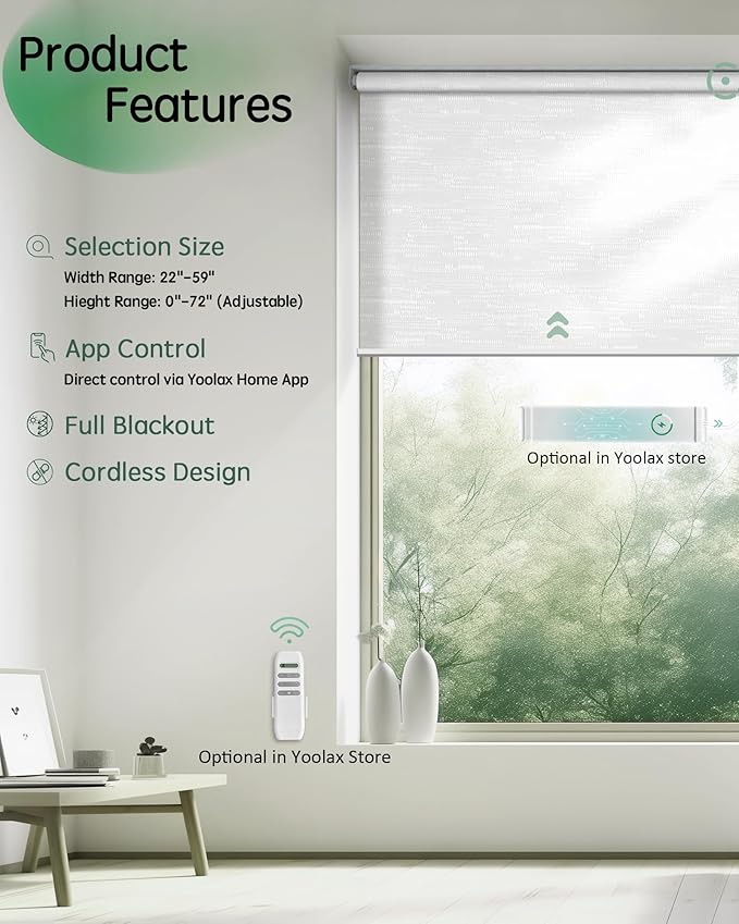 Yoolax Motorized Blinds App Control, Light Filtering Motorized Shades for Windows, Cordless Automatic Roller Shades for Bedroom Living Room Office(Light Filtering Jacquard White, 38" W x 72" H)