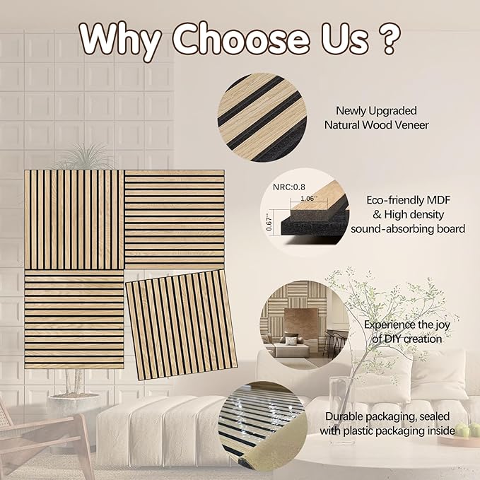 ARMURO Acoustic Wood Panels for Wall 4-Pack - Natural Oak Veneer Soundproof Panels for Home & Office, 23.6" Wood Wall Panels with Noise Reduction (23.6" W x 23.6" L)