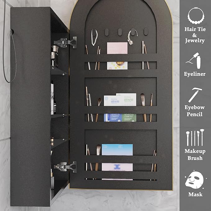 Gold Arched Bathroom Cabinet with Outlet,20 x 34 Inch Arched Medicine Cabinet with Mirror,Bathroom Mirrors for Over Sink with Storage,Surface Mounted Medicine Cabinet with Adjustable Shelf