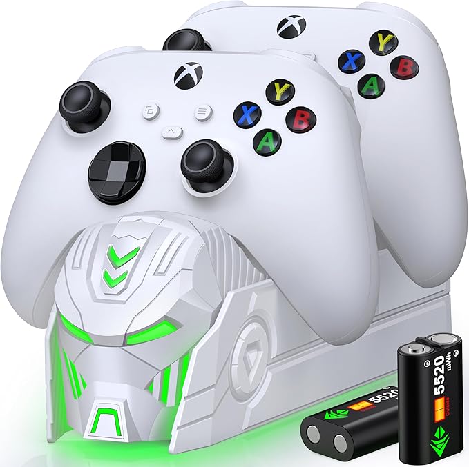 DINOSTRIKE Charger Station with 2x5520mWh Battery for Xbox One/Xbox Series X/S Controller, Rechargeable Controller Battery Pack with 4 Covers-White (Controllers Not Included)