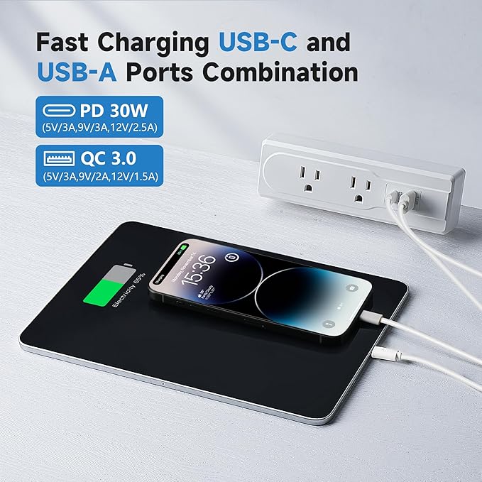 Desk Clamp Power Strip with 6 Feet Extension Cord,45 Degree 3-Prong Thin Flat Plug, 2 Widely Spaced AC Outlets,2 USB Port (20W PD USB-C & 18W QC3.0 USB-A) Desk Edge Mount Power Strip,16AWG, ETL Listed
