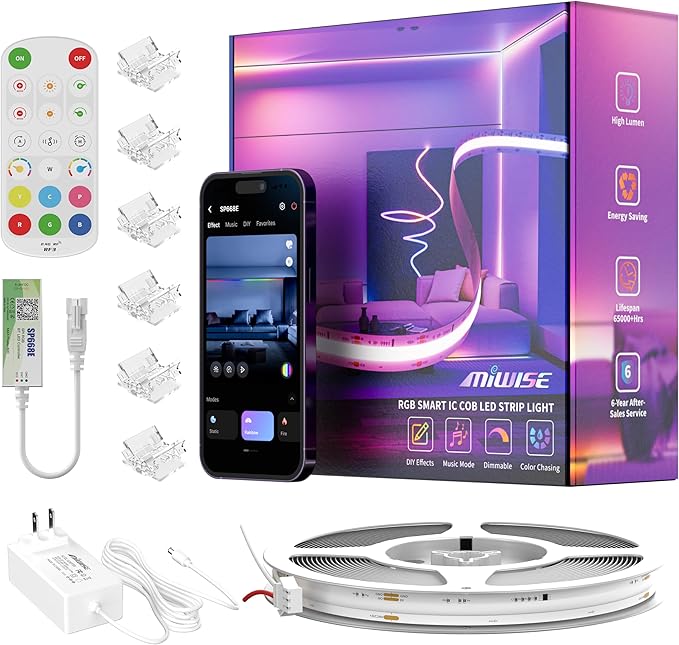 MIWISE LED Strip Lights,RGB Smart IC COB LED Strip Light Color Chasing,24ft Multicolor Flexible LED Tape Light,Music Sync with APP Control,Addressable DIY 16M Colors, for Cabinet,Bedroom,Party Decor