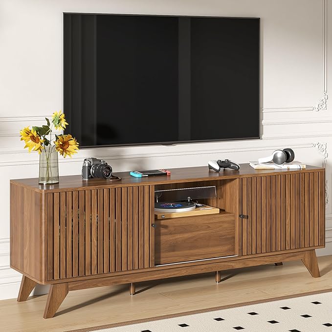 Oubayajia Mid Century Modern TV Stand for Televisions up to 70 Inches, with Sliding Doors and Storage, Curved Edge Television Stands, TV Consoles, Media Consoles for Living Room (Walnut, 63inch)