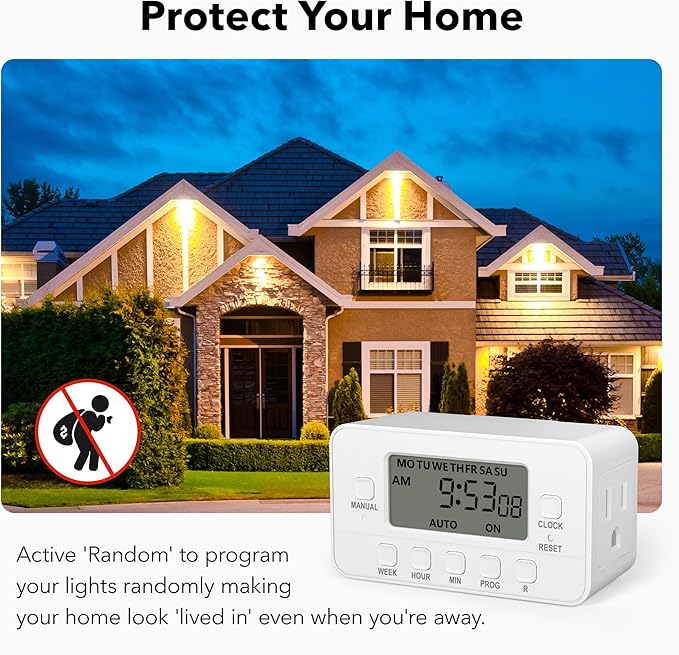 BN-LINK 7-Day Heavy Duty Digital Timer with Dual Outlet, LCD Display, 3-Prong Programmable Design, for Lights, Fans, Coffee Machine, Home, Office, Indoor Use, 125V 15A 1875W, 2 Pack
