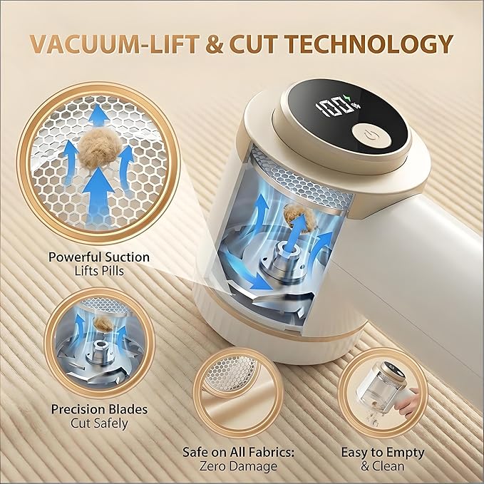Rechargeable Fabric Shaver for Clothing with Smart LED Display, 2026 New 2 in 1 Suction and Shave Technology Clothes Shaver, Lint Shavers with 3 Speeds for Clothes, Couch, Furniture (A)