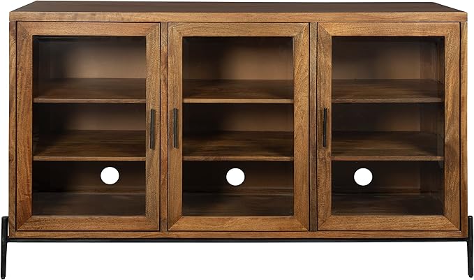 Hekman TV Stand with Storage for Living Room, Entertainment Center with Bookshelves - Bedford Brown Finish, Wood Framed Glass Doors, Back Ventilation Panel, Solid Hand-Forged Iron Hardware, TV Console