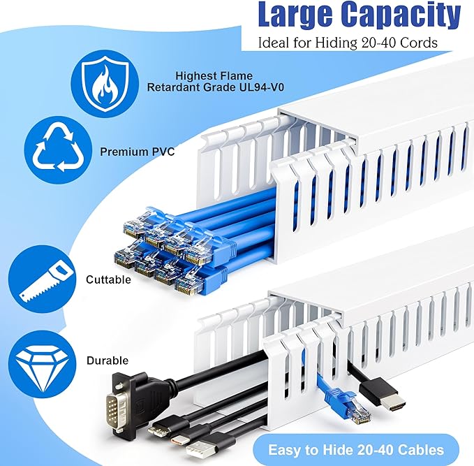 ZhiYo 2 x 2in Professional Server Rack Cable Management Raceway, 99in (6X L16.5in) Cable Raceway Kit, Electrically Safe PVC Open Slot Wire Raceway for Under Desk/Computer/Network Cords, White