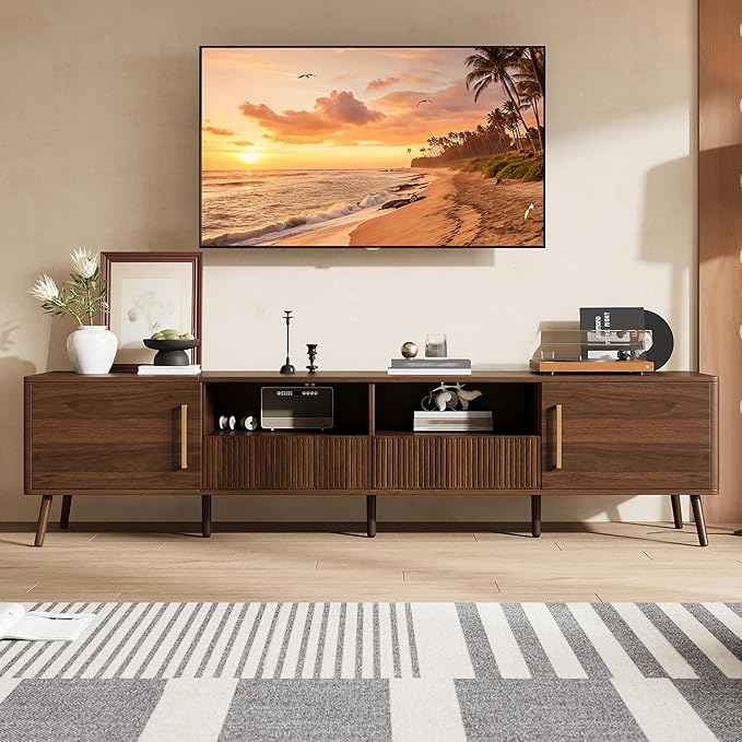 Merax Mid Century 78" TV Stand, Modern Entertainment Center for TVs up to 85", Media Console with Storage, Open Shelf, 2 Cabinets & 2 Drawers for Living Room, Office