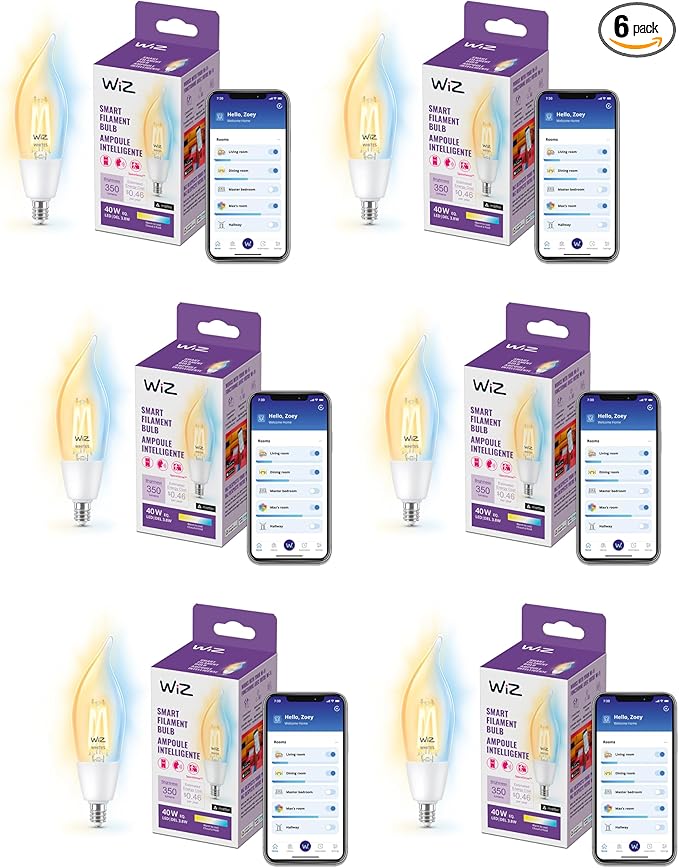 WiZ Connectd Clear 40W BA11 Tunable White Filament LED Smart Bulb - Pack of 6 - E12 - Indoor - Connects to Wi-Fi - Control with Voice or App - Matter Compatible