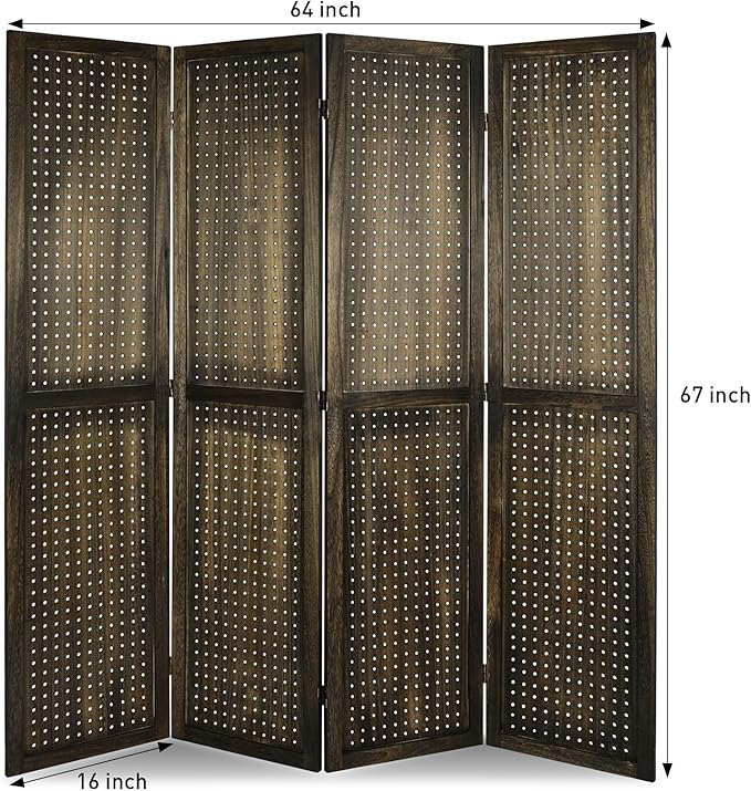ECOMEX 4 Panel Room Divider, 5.6Ft Pegboard Display Wooden Room Divider Folding Privacy Screen Room Divider Freestanding Peg Board Display for Trade Show Craft Show Home Wall Organizer, Retro Brown