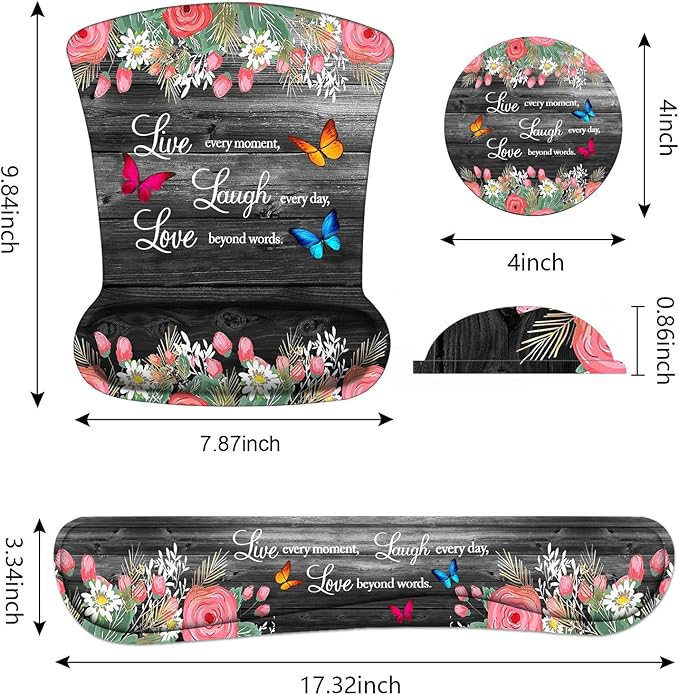 Keyboard Wrist Rest and Mouse Pad Wrist Support Set with Coasters, Non-Slip PU Base Ergonomic Gaming Mousepad for Home Office Working Studying Easy Typing & Pain Relief, Floral Quote Live Laugh Love