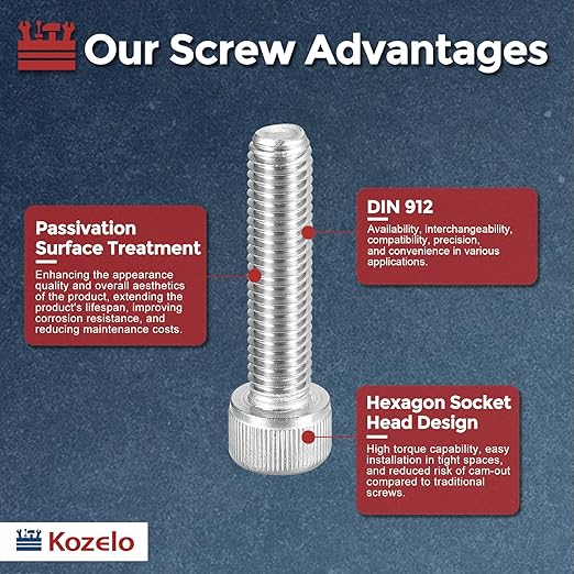 Kozelo 10pcs Socket Head Cap Screws - [M10-1.5 x 40mm] 304 Stainless Steel Allen Socket Drive for Electrical Motor 3D Printing Fan Engine Replacement Use, Silver