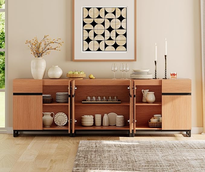 WAMPAT Modern TV Stand for TVs up to 110 inch, 3 in 1 Wood Entertainment Center TV Console Table with Adjustable Shelves and Metal Base for Living Room,Bedroom, Mocha