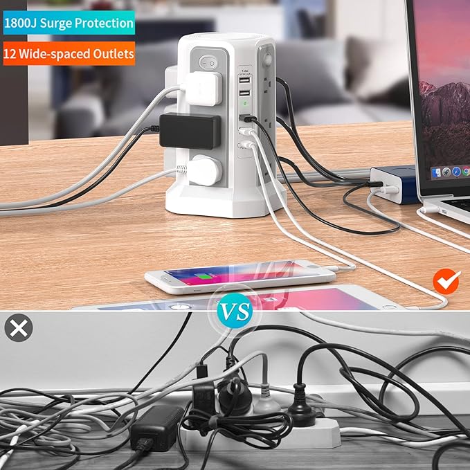 Surge Protector Power Strip Tower (13A 1625W) with 5 USB Ports (1 PD 20W), Extension Cord 10FT with 12 Multiple Outlets, Overload Protection Charging Tower for Home Office Dorm Room Essentials