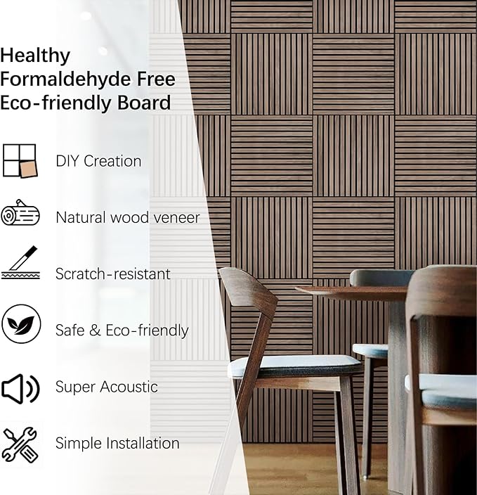 ARMURO Wood Slat Wall Panel - 4 PCS Walnut Wood Panels for Wall, Natural Wood Veneer Acoustic Slat Wood Wall Panels - Wood Slats for Wall Soundproof Wood Panels 23.6" W x 23.6" L