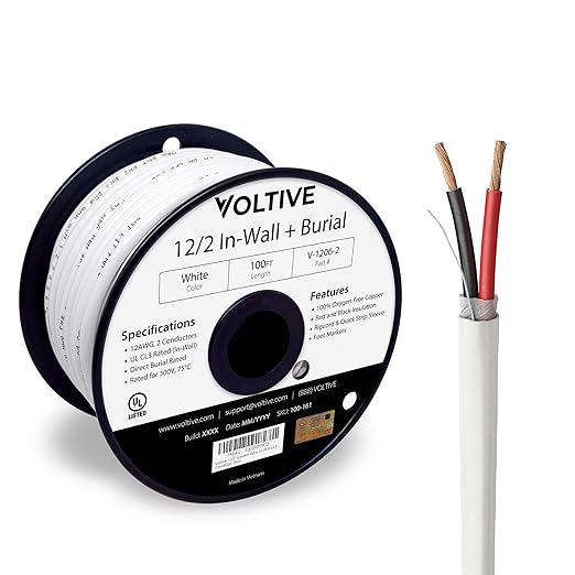 Voltive 12/2 Speaker Wire, in-Wall CL3 & Direct Burial, White, 100ft - 12AWG, 2 Conductors, Stranded Oxygen-Free Copper, UL Listed - V-1206-2