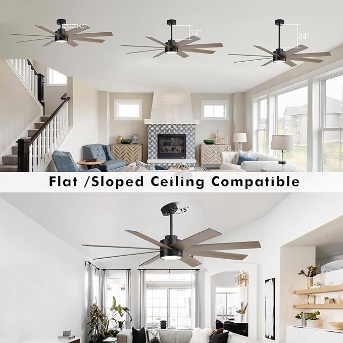 WINGBO 72" Large DC Ceiling Fans with Lights and Remote, 3 Downrods, 8 Plywood Blades, 6-Speeds Reversible DC Motor, 3CCT, Indoor Ceiling Fan for Bedroom Living Room Patio, Black and Gray
