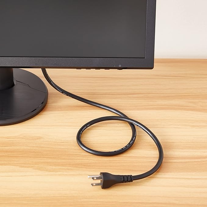 Amazon Basics PC Power Cord, 3 feet, AC Power Cord for Monitor, Computer, TV, 3 Prong, 18 AWG, 125 Volts, Black