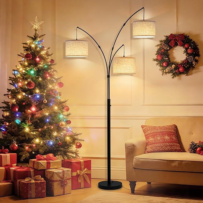 Fansdrick Floor Lamps for Living Room, 2400LM Super Bright Arc Floor Lamp with Remote Control, 3 Light Tall Floor Lamps with Stepless Dimmable, 80" Mid Century Tree Floor Lamp for Bedroom, Office