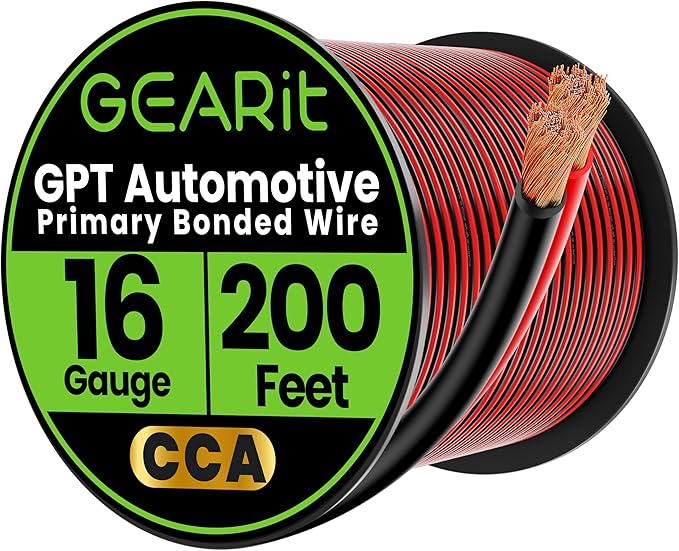 GEARit 16 Gauge Wire (200ft - Black/Red) GPT Automotive Primary Bonded Wire -2 Conductor CCA - for Car Audio, Speaker, Trailer Harness, Electrical - 200 Feet Total 16ga awg