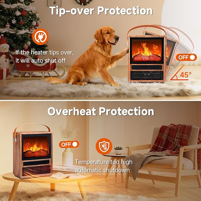 FLAME&SHADE Portable Electric Fireplace Heater for Indoor Use, Fire Place Heaters with 3D LED Flame, Overheat and Tilt Protection, Space Heater Small Fireplace for Home Office Decoration, Oak