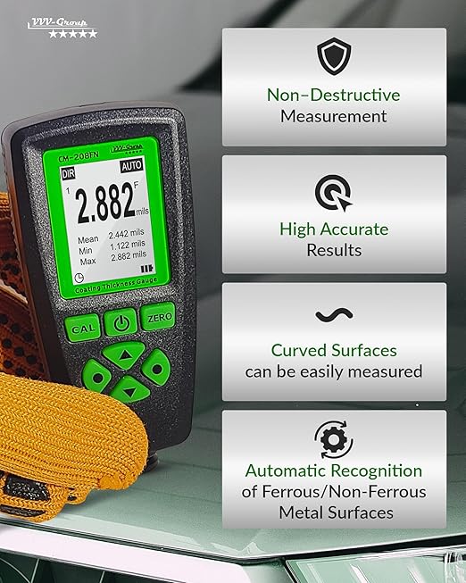 Digital Coating Thickness Gauge CM-208FN / Automatic Thickness Paint Meter for Steel and Aluminum with Resolution 0.001mils /0.1um (Fe/Al)