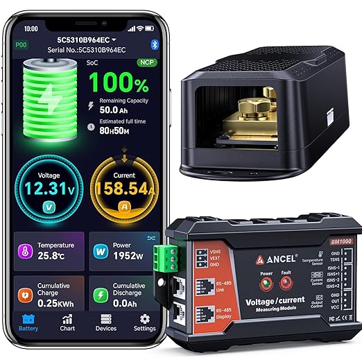 ANCEL BM1000 Bluetooth Battery Monitor with 400A Shunt, Wide 10-120V Range Smart Battery Meter, Real-Time Voltage Current SOC Tracking, Compatible with RV, Solar, Marine & Off-Grid Systems
