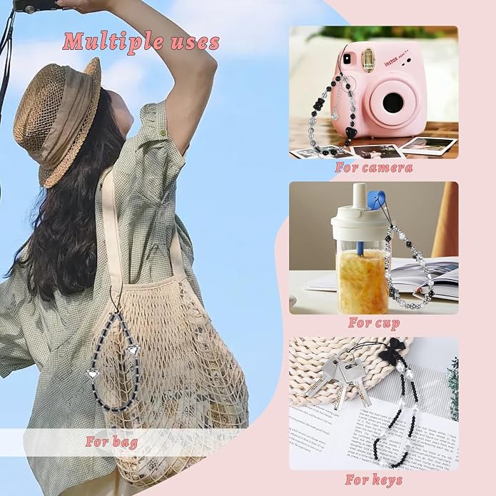 Pink Beaded Phone Wrist Straps, Y2K Phone Case Charms Camera Charm Strap - Image 3