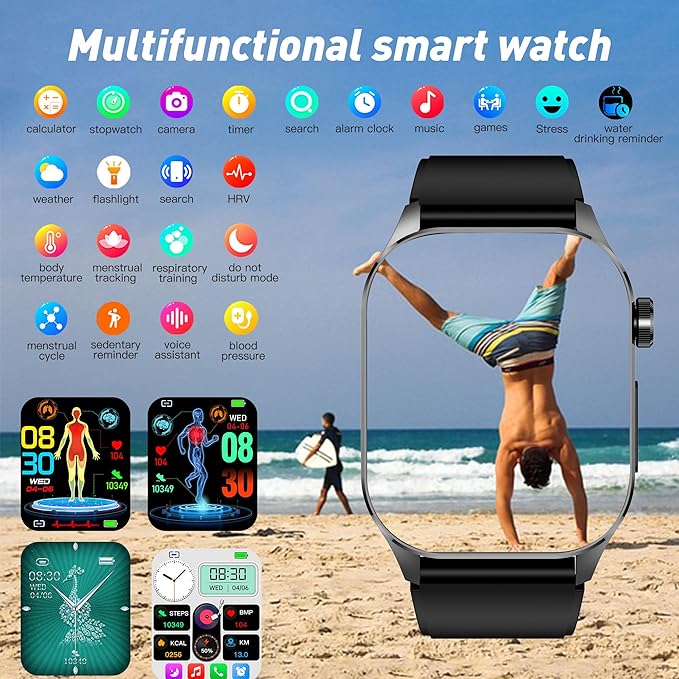 Smart Watch for Men Women, 2.04" AMOLED Color Screen, 24/7 Heart Rate, Blood Oxygen, Blood Pressure, Sleep and Stress Health Monitor, Blood and Body Composition Insights, 150 Sports Modes (Black)