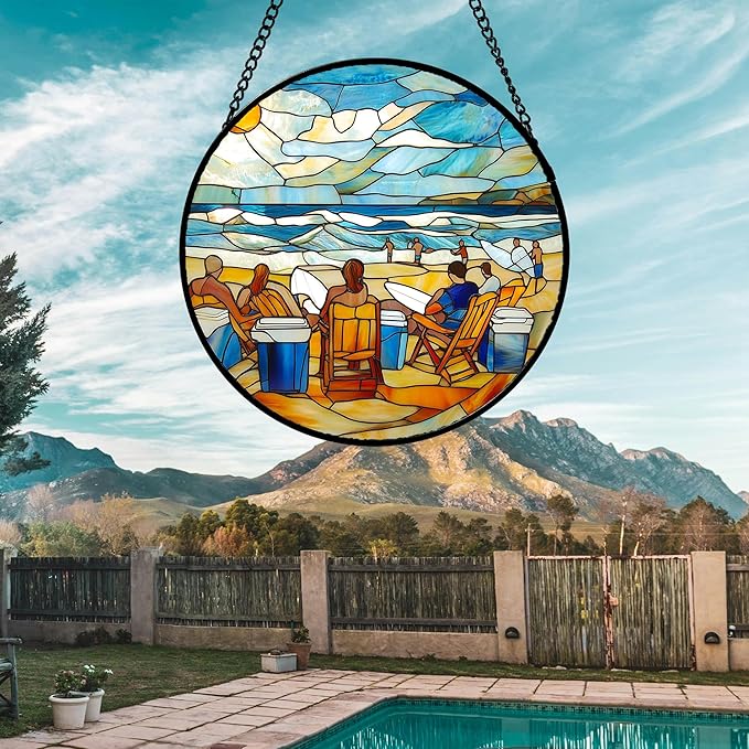 AMDERVEN Stained Glass Window Hanging 4 Pcs Set Blue Ocean Surfing Beach Large 15" - Suncatcher Door Garden Sun Catcher Decor Birthday Mother's Day for Firefighte Men Woman Nana Mom