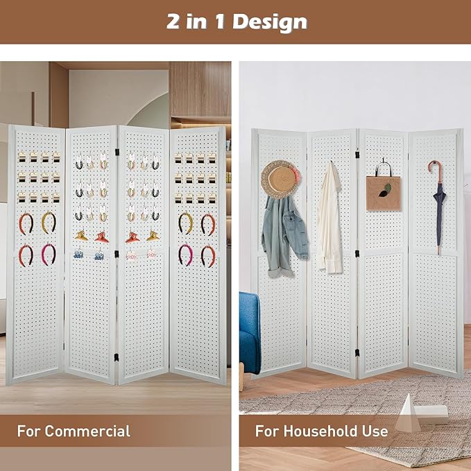 ECOMEX 4 Panel Room Divider, 5.6Ft Pegboard Display Wooden Room Divider Folding Privacy Screen Room Divider Freestanding Peg Board Display for Trade Show Craft Show Home Wall Organizer, Elegant White