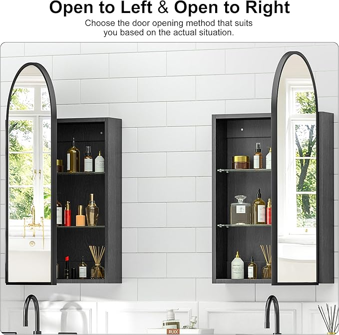 Arched Medicine Cabinet with Mirror, Brushed Black Wall Mounted Bathroom Mirror Cabinet, 3 Adjustable Shelves Storage, Reversible Door Opens Left to Right, Modern Metal Frame, 16 x 30 Inch