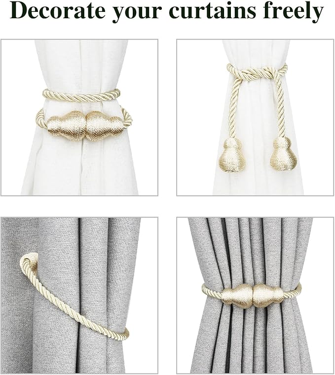 Nieffeiy Magnetic Curtain Tiebacks Outdoor Curtain Tie Backs Rope Decorative Magnetic Curtain Holders for Drapes Window Treatment Holdbacks, Beige 2Pack