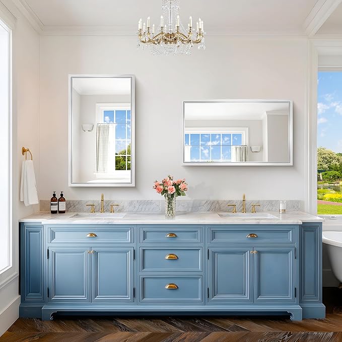 40x24 Silver Bathroom Mirror, Brushed Silver Rectangular Mirror for Wall, 0.6" Thickened Deep Frame Mirrors for Bathroom Sink, Shatterproof Tempered Glass, Antirust, Horizontally or Vertically