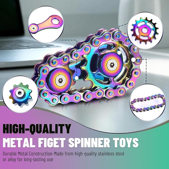 Valentines Day Gifts for Teens Boys Metal Fidget Spinner Toys for Adults Figette Bike Chain Roller Cool Gadgets ADHD Anxiety Stress Relief Items Figet Desk Offices EDC Men - Rainbow+Silver