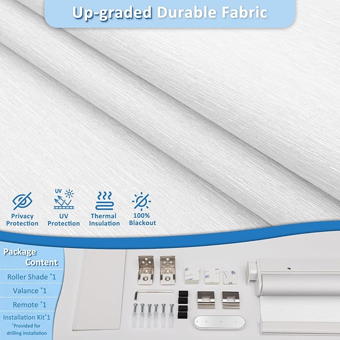 MANSNIX Smart Motorized Blinds with Remote, Cordless No-Drill Automatic Roller Shades, Blackout Electric Blind for Windows, White, 33 x 72