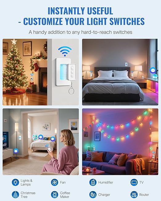 Remote Control Outlet, WILAWELS Wireless Light Switch with Removable Base, On Off Remote Outlet Switch for Light, Lamp, Appliance, 100ft RF Range, 10A/1250W, Expandable, 1 Remote for 3 Plugs W14RC1306