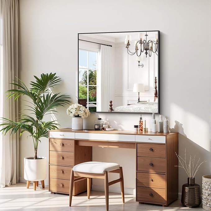 Black Bathroom Mirror for Wall, 39x39 Inch Rectangle Mirror with Metal Frame, Square Modern Vanity Mirrors for Bathroom Living Room, Entryway Hangs Horizontal or Vertical