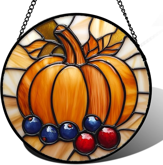 DASTOLL Stained Glass Window Hanging Fall Pumpkin Berries 9.8" - Suncatcher Door Garden Kitchen Sunroom Sun Catcher Autumn Home Decor Birthday for Mom Grandma Men Woman
