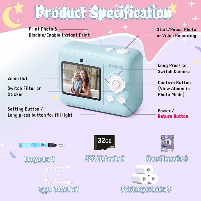 Kids Camera, 1080P Instant Digital Print Camera - Image 5