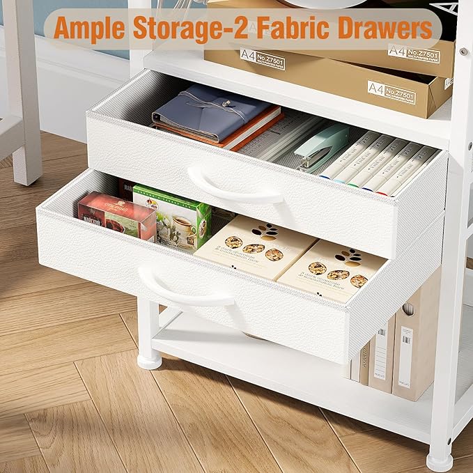 VENNQD Large Printer Stand with Storage Fabric Drawer Under Desk Printer Table with Wheels for Home Office, Printer Cart fit Fax Machine Scanner (White, 3 Tiers)