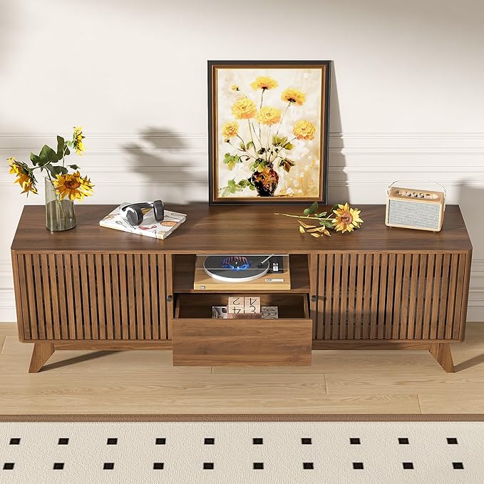 Oubayajia Mid Century Modern TV Stand for Televisions up to 70 Inches, with Sliding Doors and Storage, Curved Edge Television Stands, TV Consoles, Media Consoles for Living Room (Walnut, 70inch)